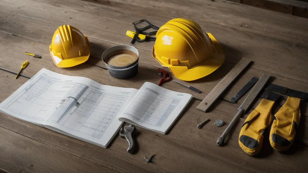 Baustelle digital regeln: Planungstool auf Ziegelsteinen neben Werkzeugen für die Mitarbeiterplanung