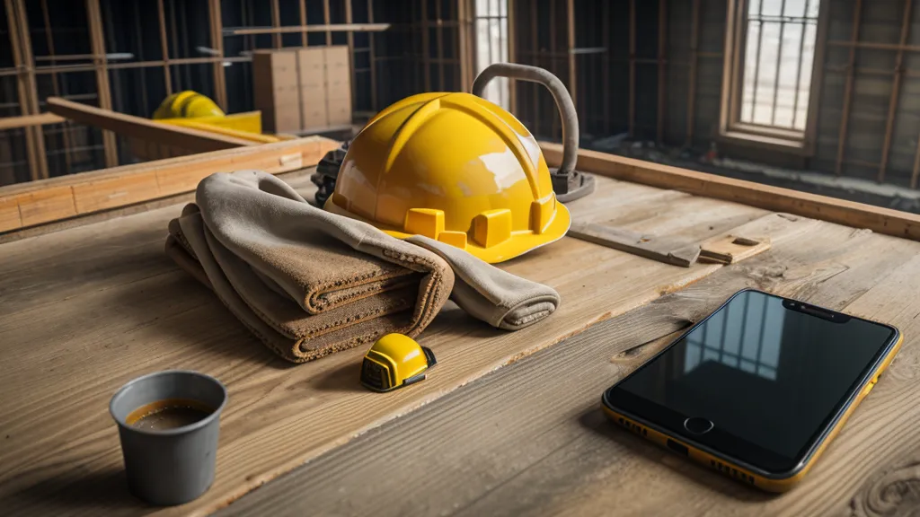 Digitale Zeiterfassung bei Regen: Smartphone zeigt die Wochenübersicht der Arbeitsstunden im Bauwagen